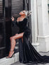 Square Neckline Long Sleeves Black Velvet Mermaid Prom Dresses LBQ1597